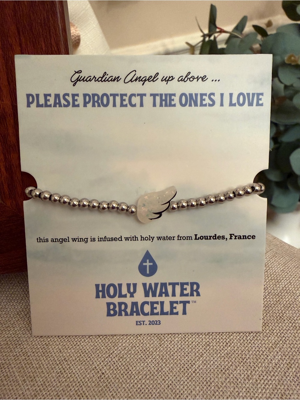 Holy Water Bracelet with Angel Wing - Silver Beaded NWT